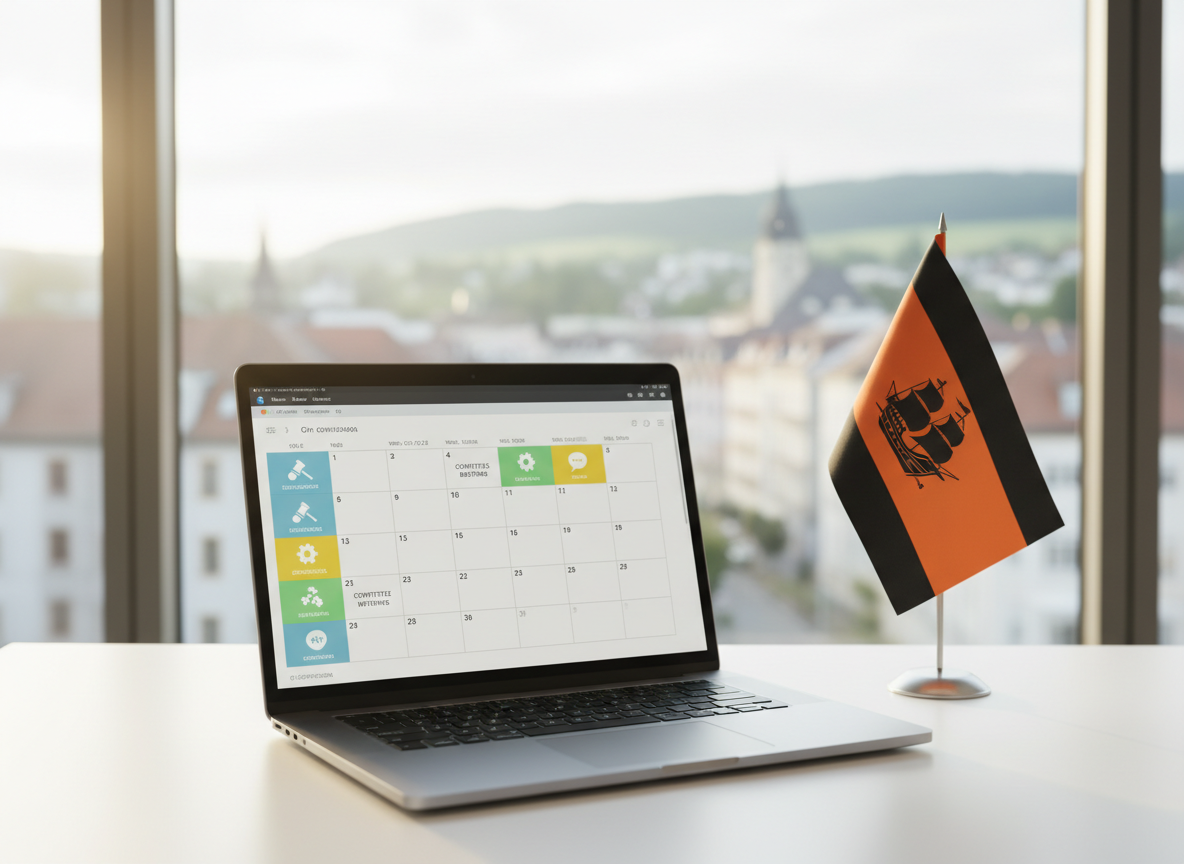 A modern laptop on a clean white desk displaying an open calendar filled with upcoming district council sessions, committee meetings, and citizen information events in Göppingen, all represented by neutral icons. Next to the laptop, a small tabletop flag in orange and black with a stylized pirate ship symbol subtly signals Piratenpartei membership while remaining clearly separate from any official government emblems. Behind the desk, a large window shows a blurred view of Göppingen’s urban center, with public buildings and distant hills. Soft morning light illuminates the workspace, creating a bright, optimistic atmosphere. Photographic realism, slightly elevated angle, shallow depth of field, highlighting transparent scheduling and accessible Kreispolitik.