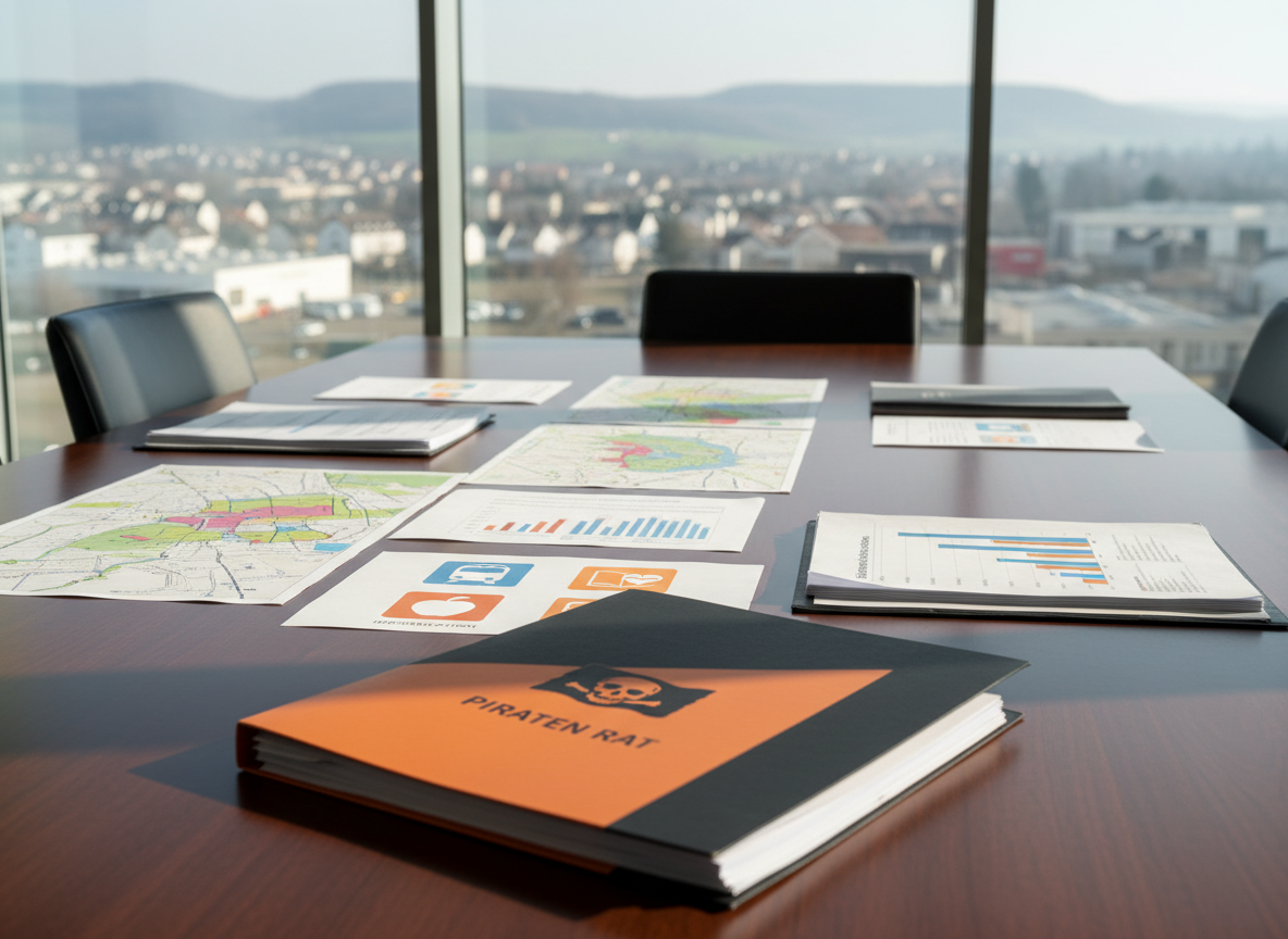 A polished wooden conference table in a modern meeting room, covered with neatly arranged documents showing colorful district maps, budget charts, and icons symbolizing public transport, schools, and healthcare. A single, distinctive orange-and-black folder with a subtle pirate-flag motif lies in the foreground, representing an independent council member with Piratenpartei roots. Through large windows, the townscape of Göppingen with gentle hills and scattered buildings is visible, slightly out of focus. Soft daylight from the windows creates clear, natural shadows and gentle reflections on the table surface. Photographic realism, eye-level perspective with a shallow depth of field, clean and professional mood emphasizing transparent district-level politics and independent decision-making.