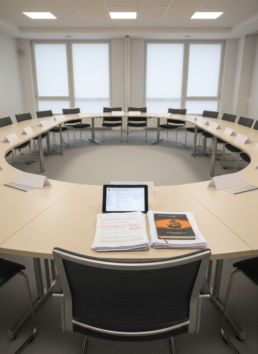 A semi-circular arrangement of empty chairs around a light wood meeting table in a neutral conference room, symbolizing a Kreistag setting without depicting people. At one seat, a distinctive place setting stands out: a tablet with legislative documents, a stack of marked-up printouts about regional bus lines and hospital funding, and a minimalist orange-and-black notebook referencing a Piratenpartei Einzelkreisrätin. Nameplates are intentionally blank to avoid official insignia. Overhead, bright but soft ceiling lights illuminate the scene evenly, creating clear lines and a serious, deliberative mood. Photographic realism, eye-level composition with strong depth, focusing on the independence of a single mandate within district politics.