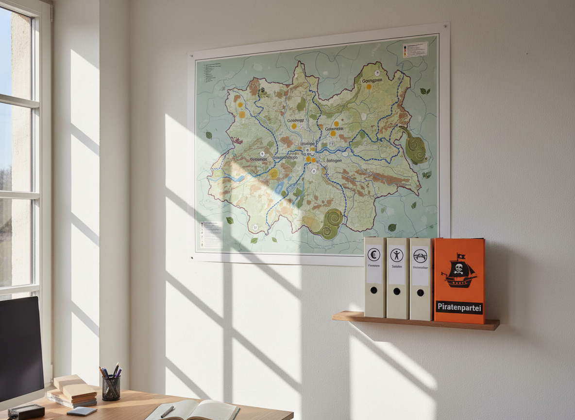 An illustrated wall map of the Göppingen district printed on matte paper and pinned to a clean white wall in a small, independent office. Colored markers highlight different municipalities, public transport corridors, and environmental protection areas. Below the map, a narrow shelf holds neatly stacked folders labeled with neutral icons for finance, social services, and infrastructure, plus one slim folder in bright orange and black with a stylized ship symbol showing Piratenpartei affiliation. Afternoon sunlight streams in from a side window, casting elongated shadows and giving the space a warm, transparent feel. Photographic realism, slightly angled side view, balanced composition that underscores focused, independent engagement with Kreisangelegenheiten.