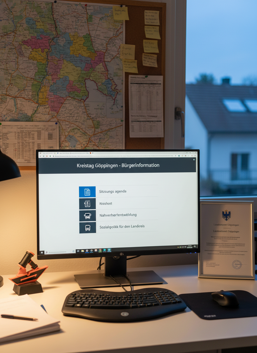 A tidy home office workspace dedicated to district politics, featuring a large computer monitor displaying an open webpage with agenda items for Kreistag meetings, local transport plans, and social policy icons. Beside the monitor stands a small 3D-printed ship symbol in orange and black hinting at Piratenpartei affiliation, clearly distinct from any official Landratsamt symbols. A bulletin board in the background holds pinned maps of the Göppingen district, color-coded notes, and timetables for public sessions. Warm, indirect desk-lamp lighting mixes with soft evening light from a side window, creating a calm, focused atmosphere. Photographic realism, slightly elevated angle, balanced composition, conveying independent, citizen-focused information work.